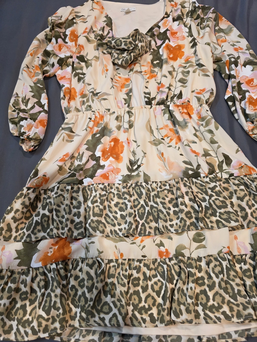 Cato Cream Floral & Leopard Tiered Long-Sleeve Dress